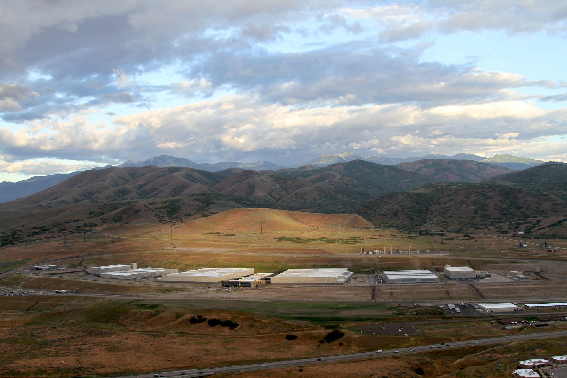 Aerial view of the NSA's Utah Data Center — identical buildings sprawling across the landscape